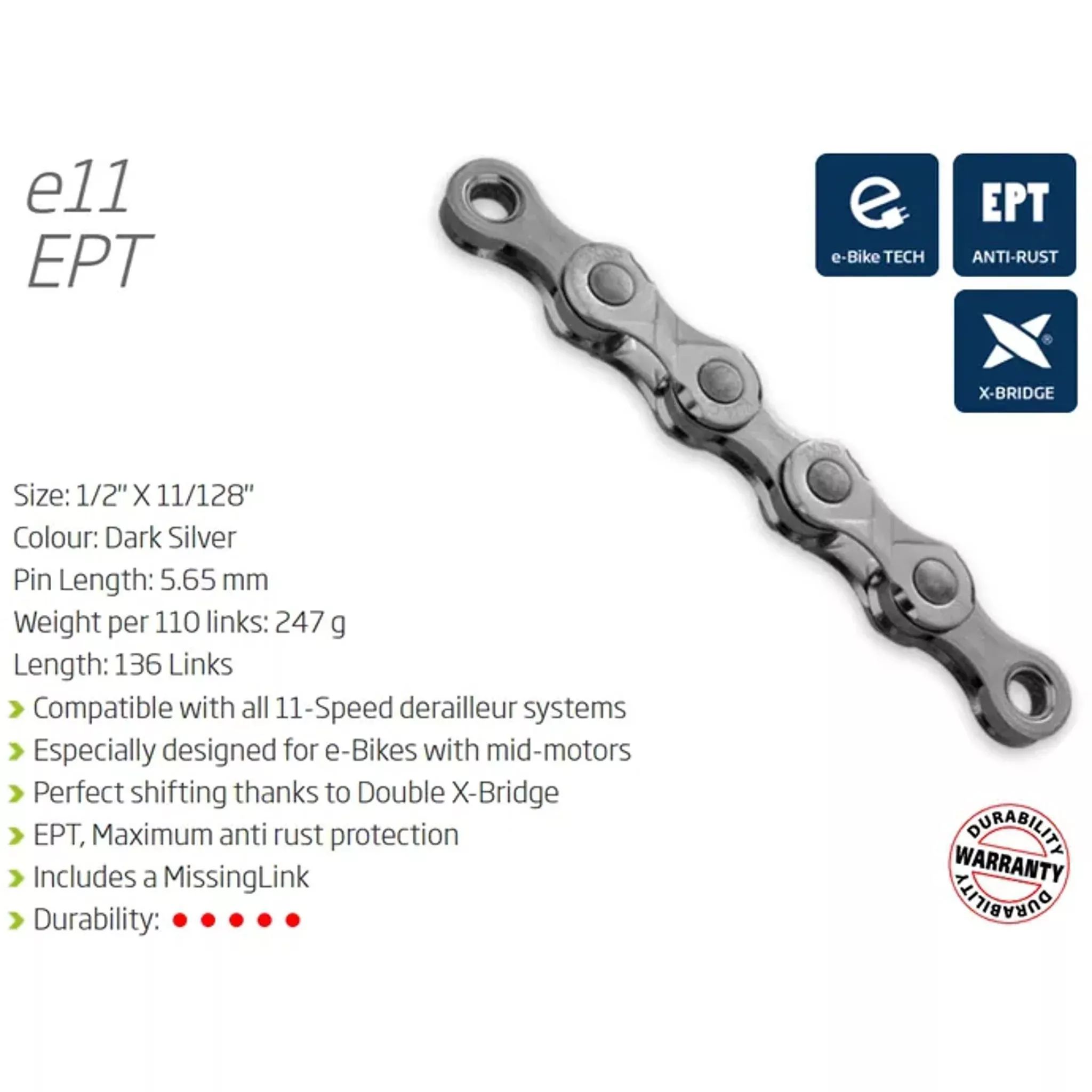 KMC e11 Turbo 11-Speed E-Bike Chain 122L Silver