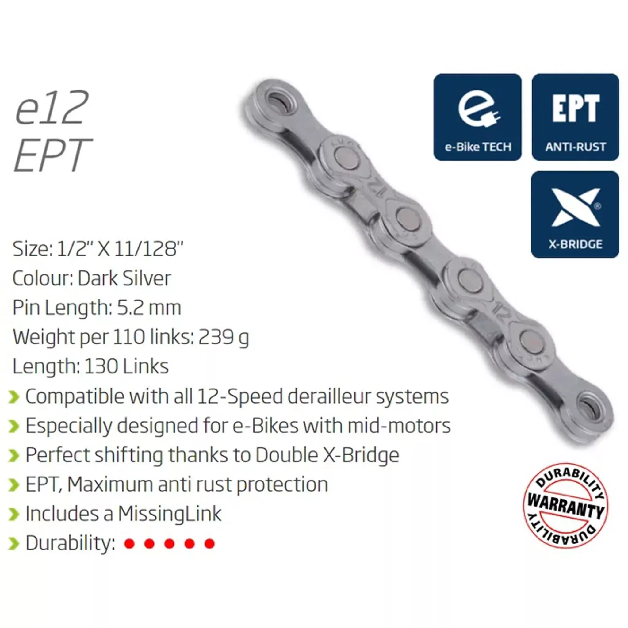 KMC E12 TurboAnti-Rust E-Bike Chain 130L Dark Silver