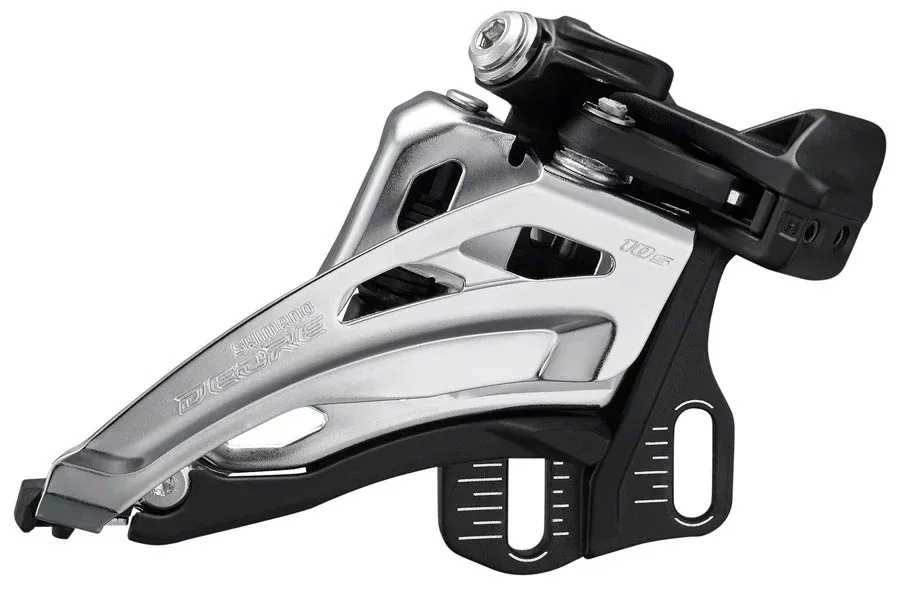 Shimano Deore FD-M4100-E Front Derailleur – 10-Speed, Double, Side Swing, Front Pull, E-Type Mount, Silver/Black