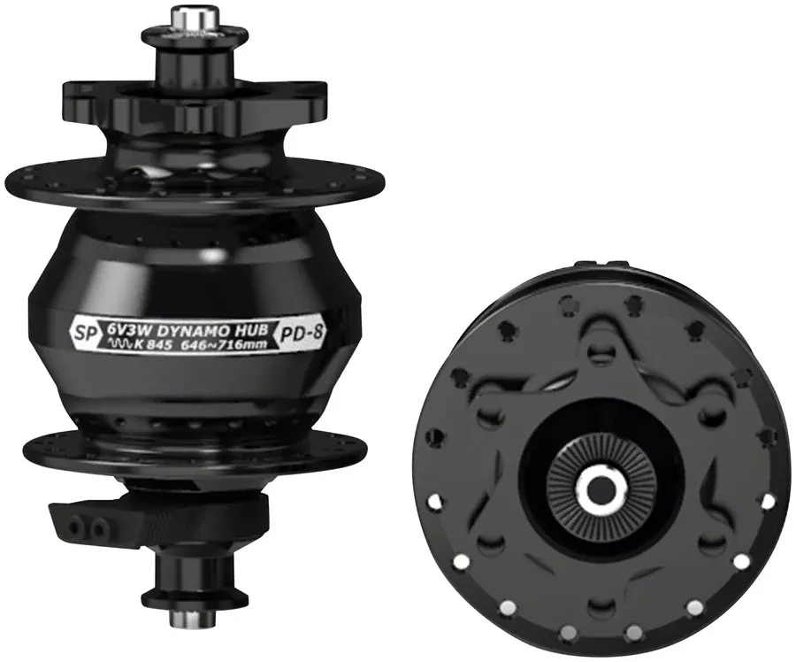 SP 8 Series Dynamo Front Hub – PD-8, 6V- 3W, QR x 100mm, 6-Bolt, 32H, Black