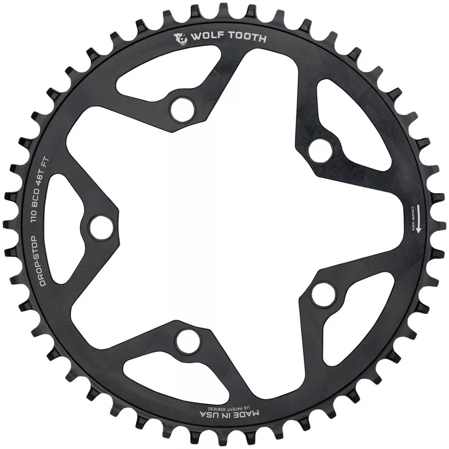 WOLF TOOTH 110 BCD CYCLOCROSS AND ROAD CHAINRING - 48T 110 BCD 5-BOLT DROP-STOP 10/11/12-SPEED EAGLE AND FLATTOP COMPATIBLE BLACK